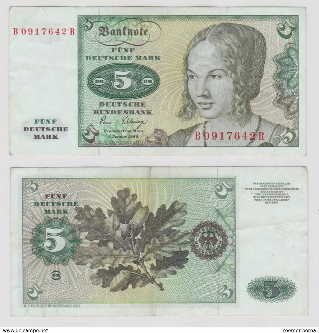 T146273 Banknote 5 DM Deutsche Mark Ro. 285a Schein 2.Jan. 1980 KN B 0917642 R - 5 DM
