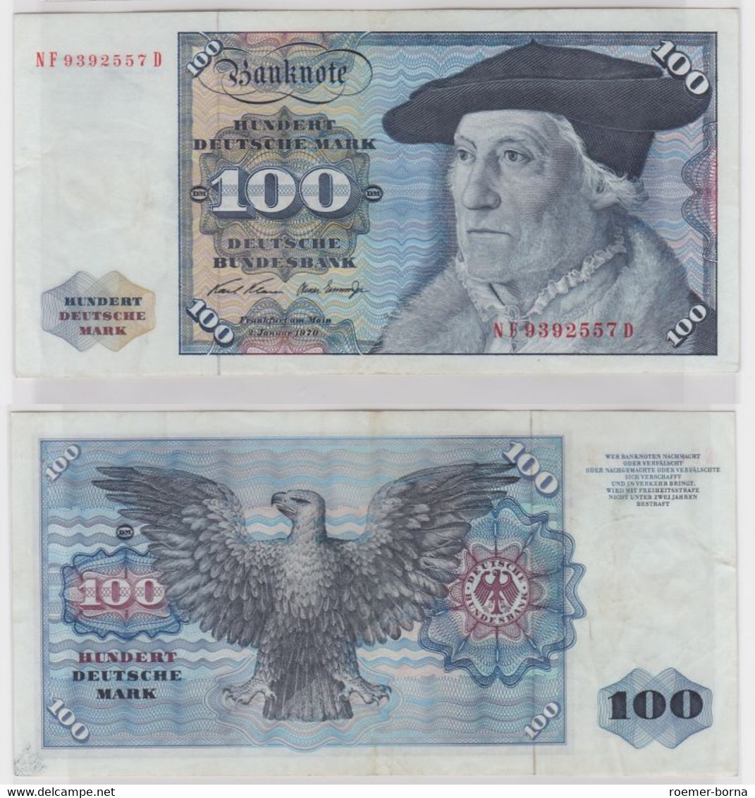 T146305 Banknote 100 DM Deutsche Mark Ro. 273b Schein 2.Jan 1970 KN NF 9392557 D - 100 Deutsche Mark