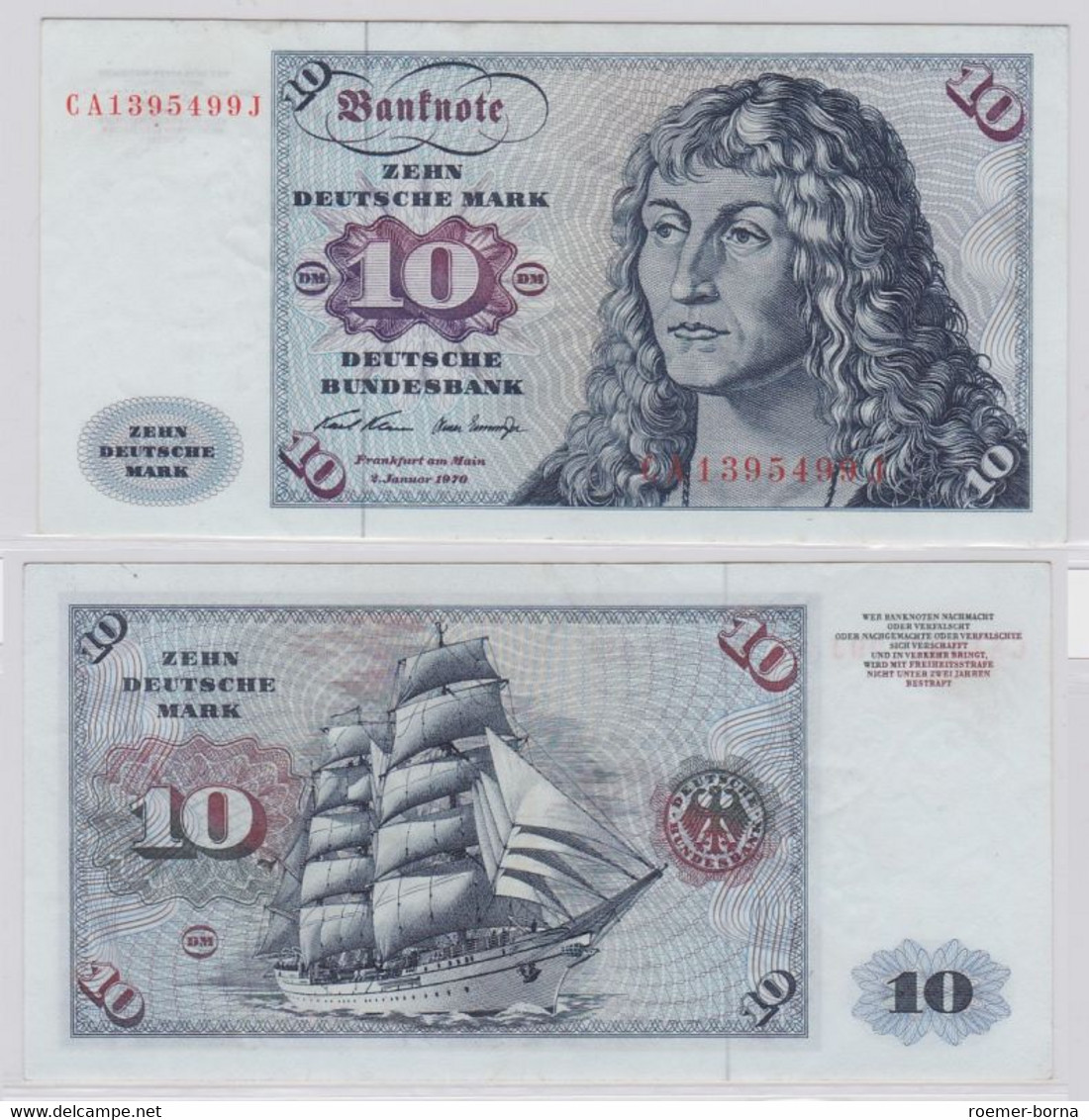 T146394 Banknote 10 DM Deutsche Mark Ro. 270a Schein 2.Jan. 1970 KN CA 1395499 J - 10 Deutsche Mark