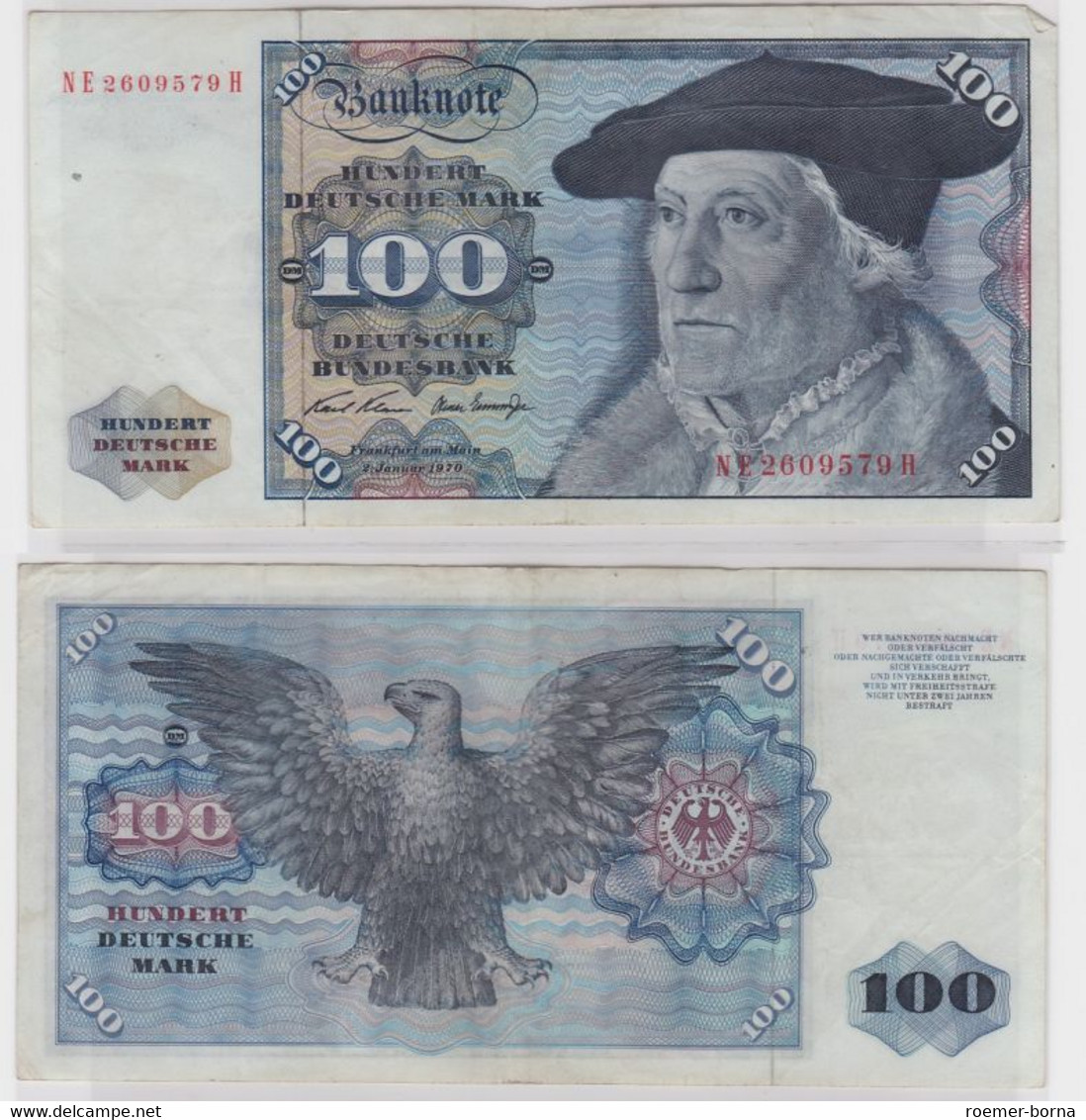 T146409 Banknote 100 DM Deutsche Mark Ro. 273b Schein 2.Jan 1970 KN NE 2609579 H - 100 DM