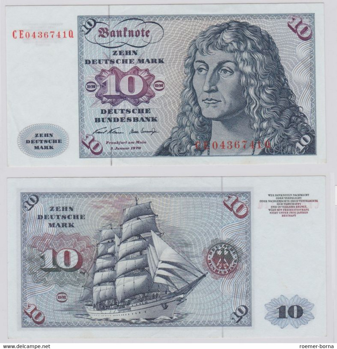 T146411 Banknote 10 DM Deutsche Mark Ro. 270b Schein 2.Jan. 1970 KN CE 0436741 Q - 10 DM