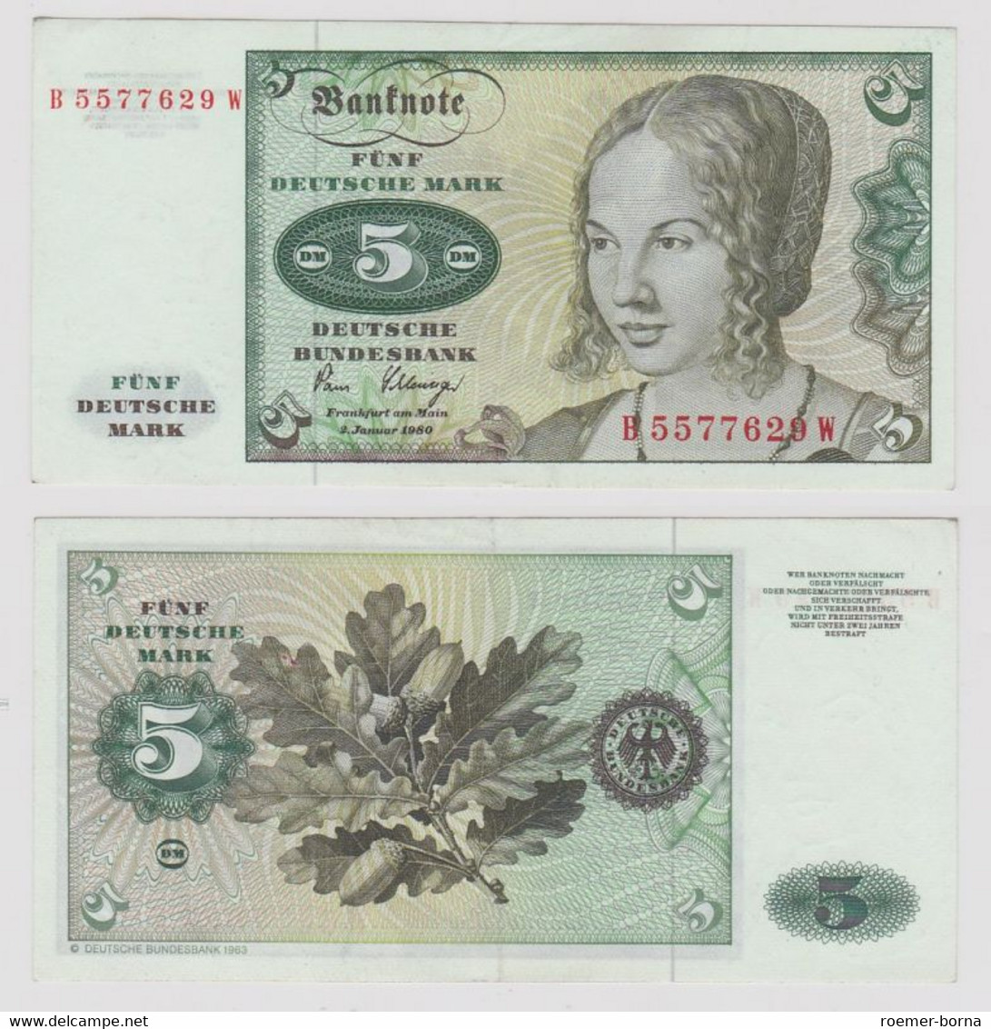 T146426 Banknote 5 DM Deutsche Mark Ro. 285a Schein 2.Jan. 1980 KN B 5577629 W - 5 Deutsche Mark