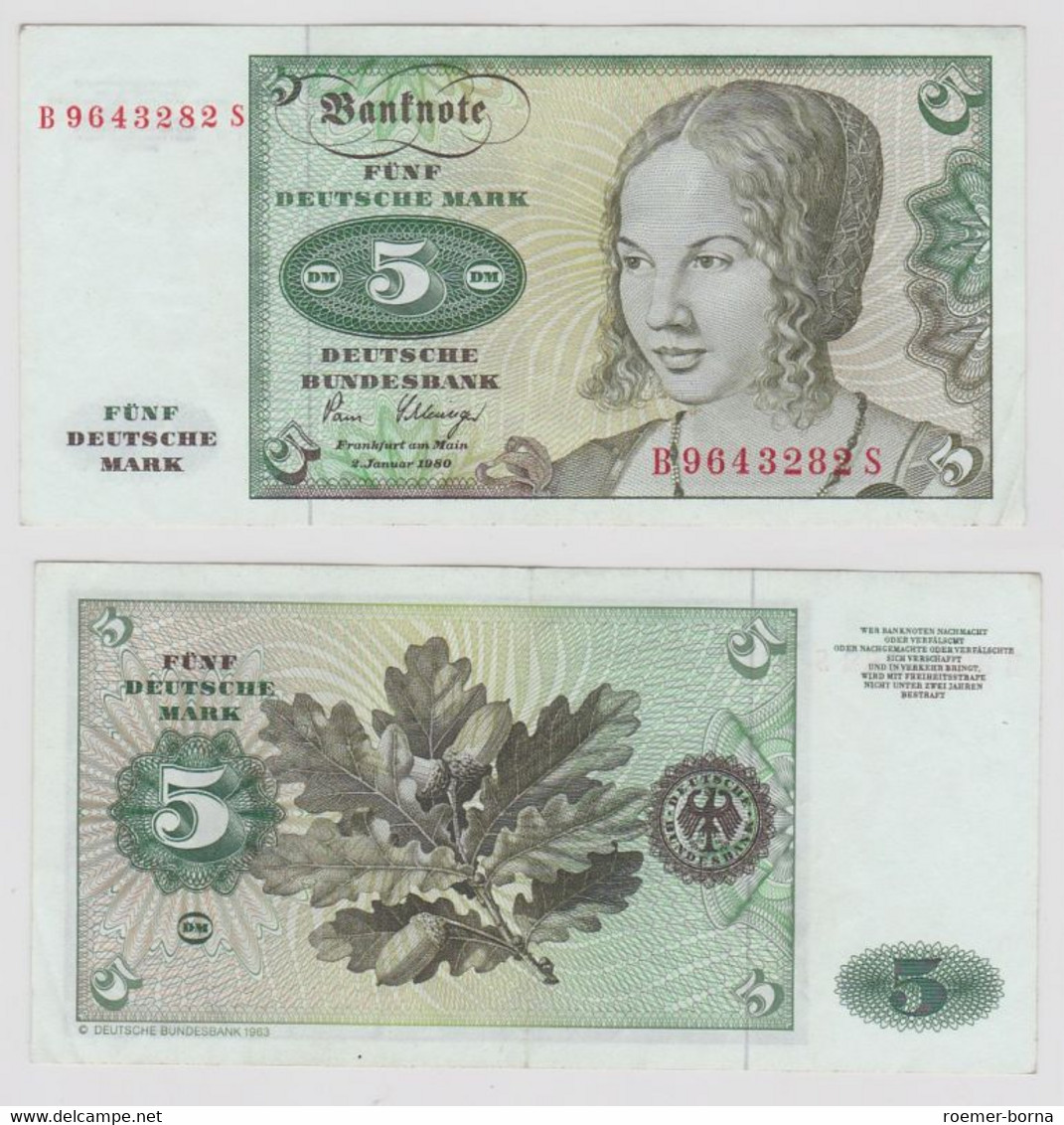 T146431 Banknote 5 DM Deutsche Mark Ro. 285a Schein 2.Jan. 1980 KN B 9643282 S - 5 Deutsche Mark