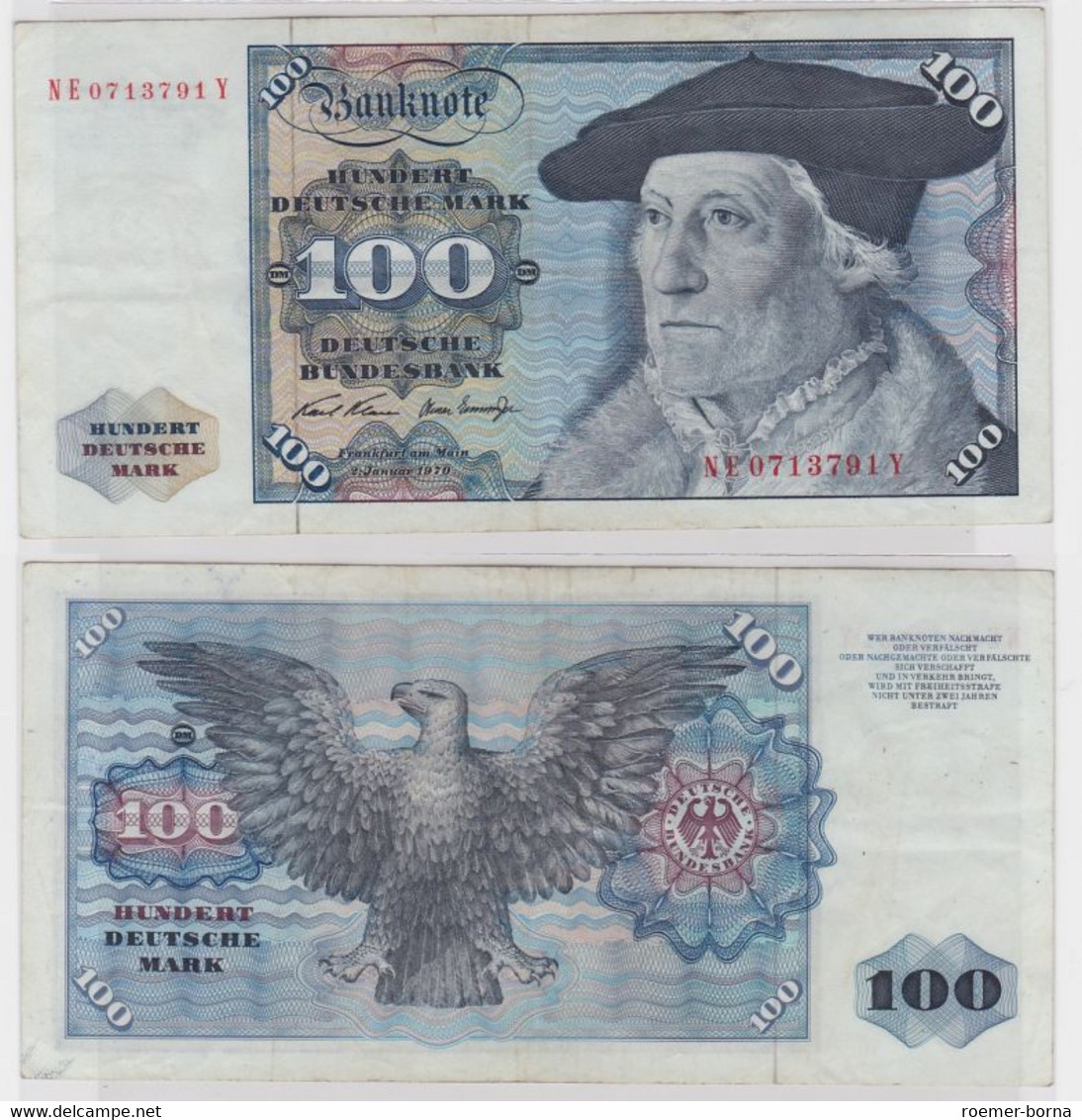 T146435 Banknote 100 DM Deutsche Mark Ro. 273b Schein 2.Jan 1970 KN NE 0713791 Y - 100 Deutsche Mark