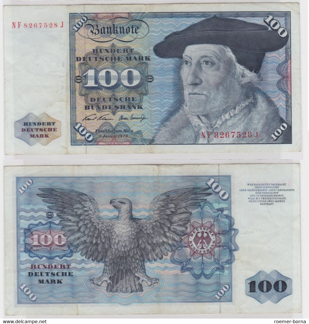 T146512 Banknote 100 DM Deutsche Mark Ro. 273b Schein 2.Jan 1970 KN NF 8267528 J - 100 DM