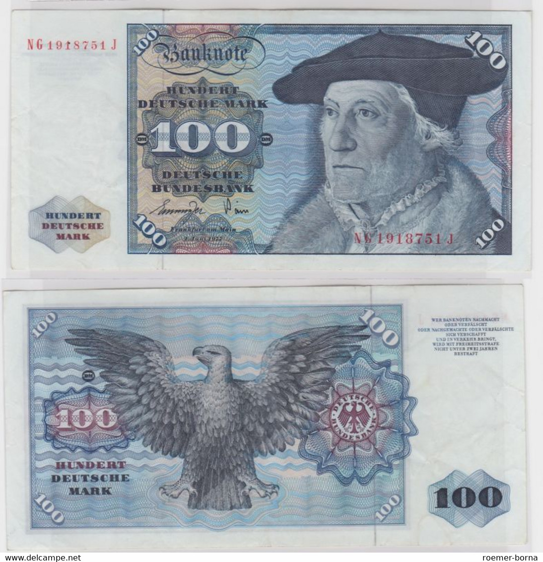 T146535 Banknote 100 DM Deutsche Mark Ro 278a Schein 1.Juni 1977 KN NG 1918751 J - 100 Deutsche Mark