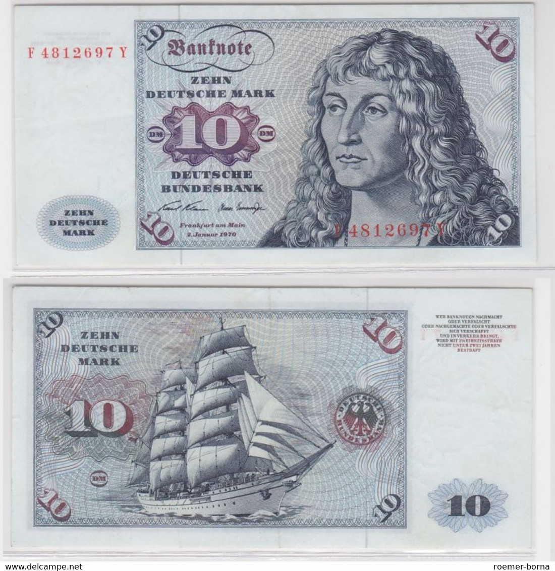 T146751 Banknote 10 DM Deutsche Mark Ro. 270a Schein 2.Jan. 1970 KN F 4812697 Y - 10 Deutsche Mark
