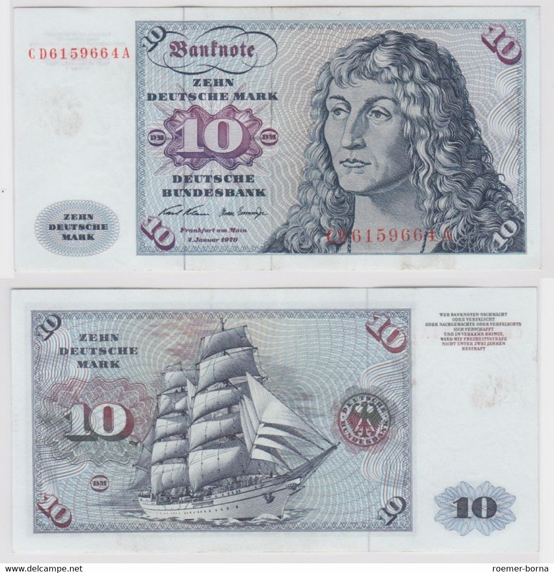 T146859 Banknote 10 DM Deutsche Mark Ro. 270a Schein 2.Jan. 1970 KN CD 6159664 A - 10 Deutsche Mark