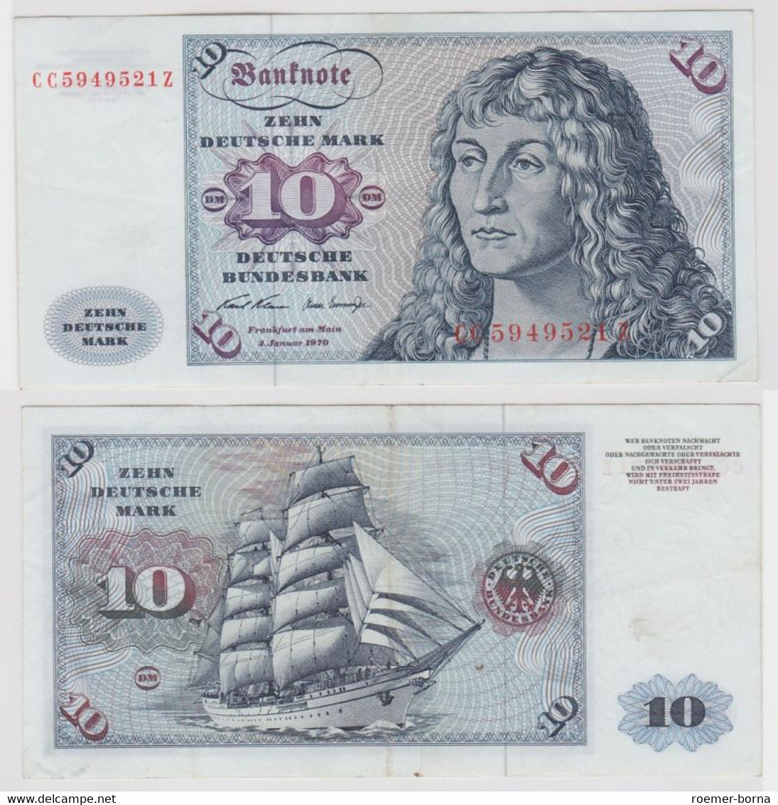 T146916 Banknote 10 DM Deutsche Mark Ro. 270a Schein 2.Jan. 1970 KN CC 5949521 Z - 10 Deutsche Mark