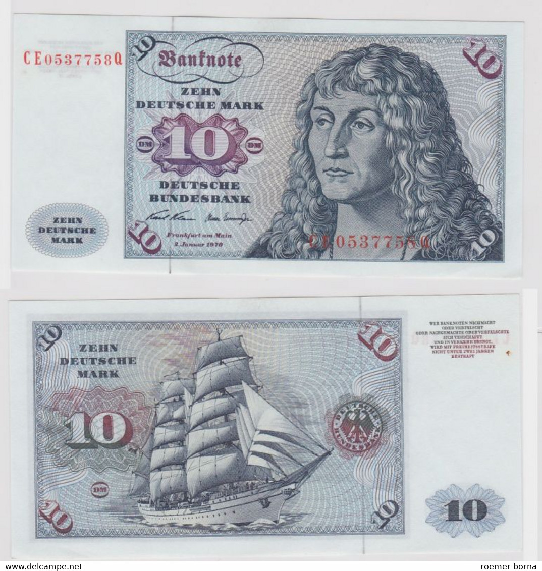 T146933 Banknote 10 DM Deutsche Mark Ro. 270b Schein 2.Jan. 1970 KN CE 0537758 Q - 10 Deutsche Mark