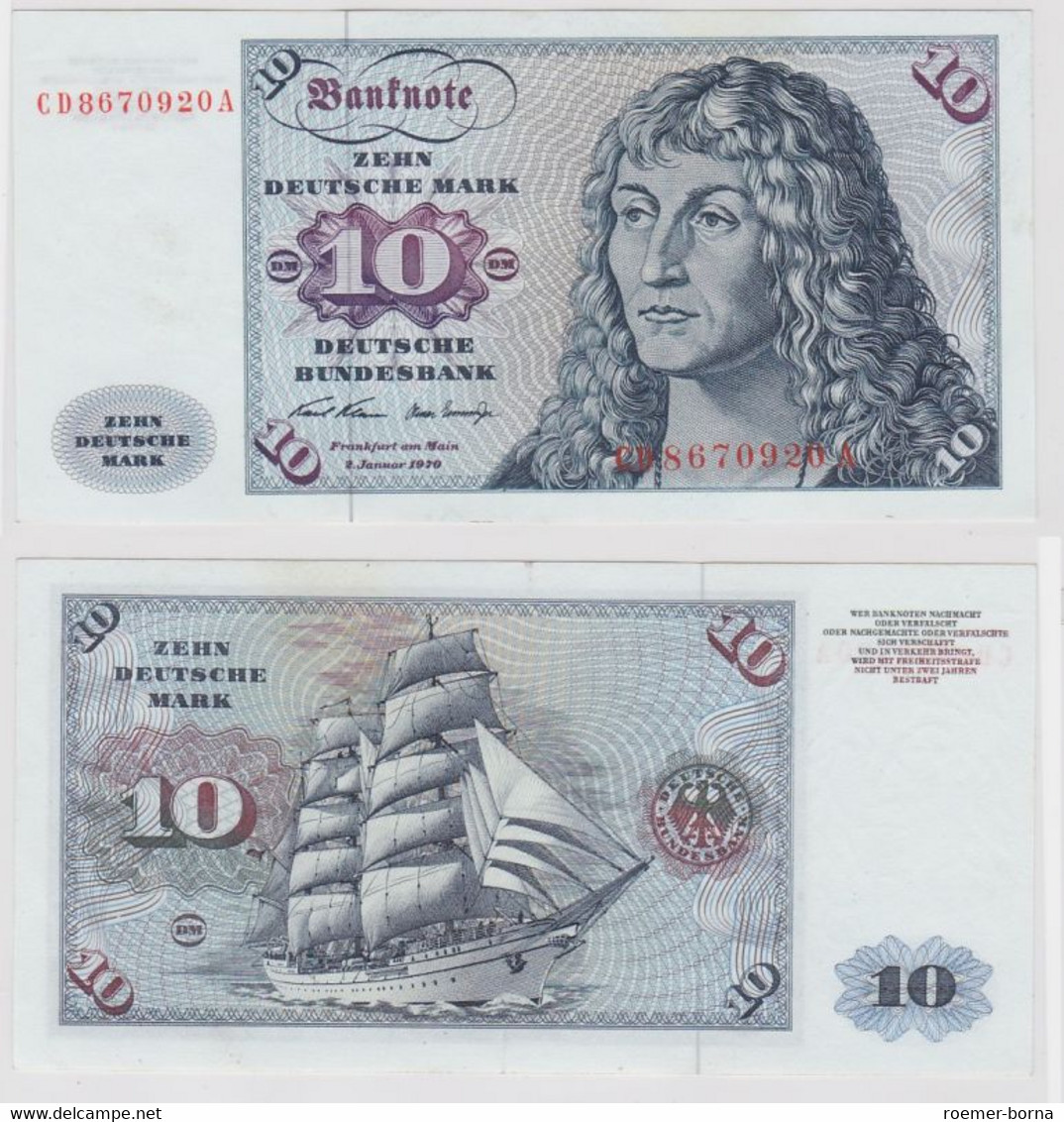 T147002 Banknote 10 DM Deutsche Mark Ro. 270a Schein 2.Jan. 1970 KN CD 8670920 A - 10 Deutsche Mark