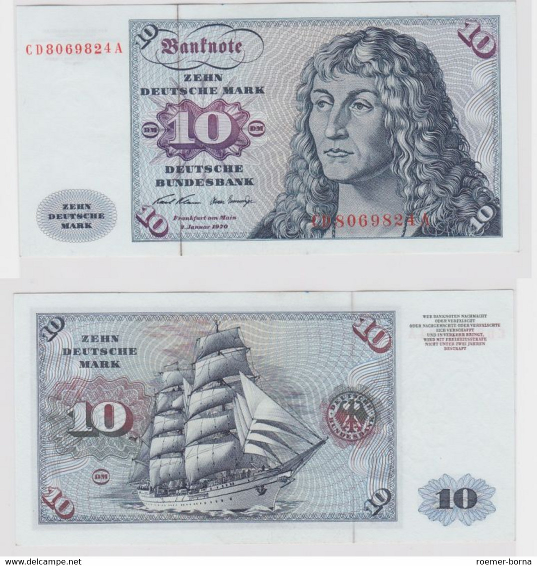 T147009 Banknote 10 DM Deutsche Mark Ro. 270a Schein 2.Jan. 1970 KN CD 8069824 A - 10 Deutsche Mark