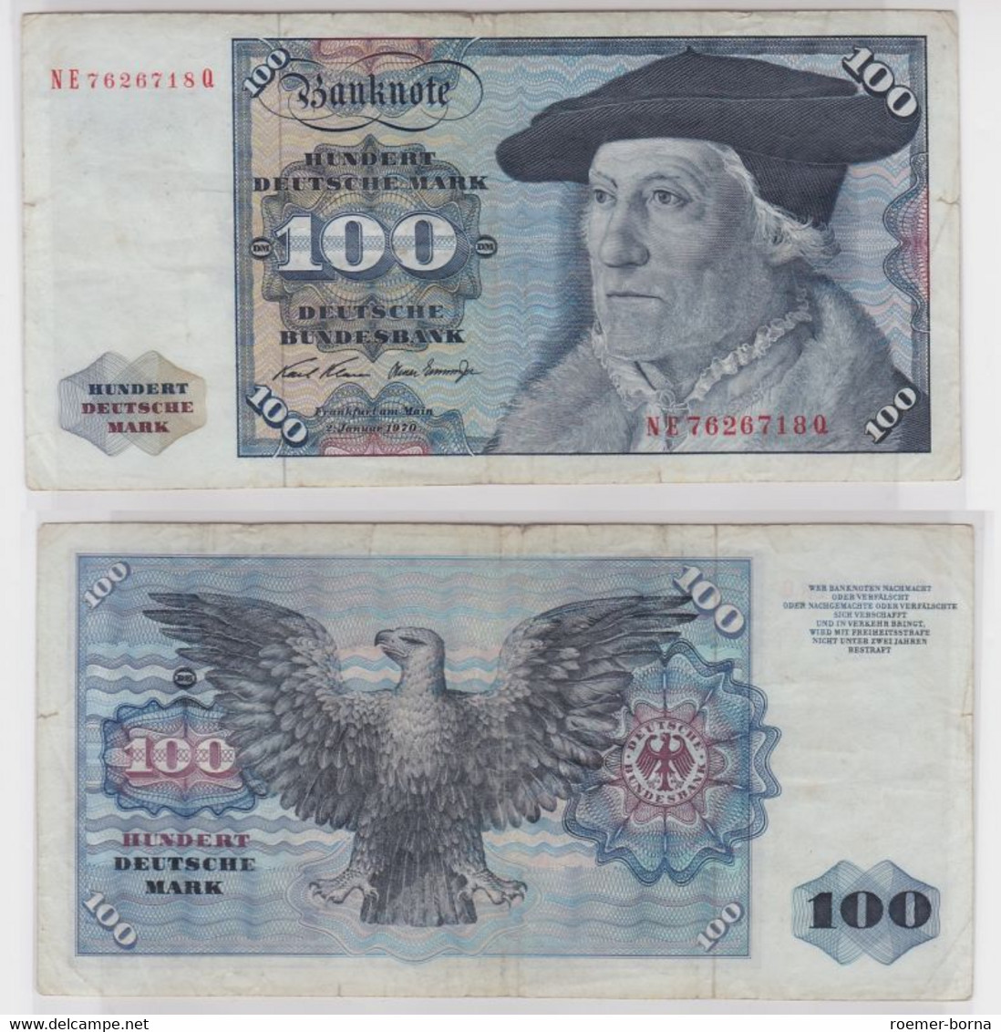 T147133 Banknote 100 DM Deutsche Mark Ro. 273b Schein 2.Jan 1970 KN NE 7626718 Q - 100 Deutsche Mark