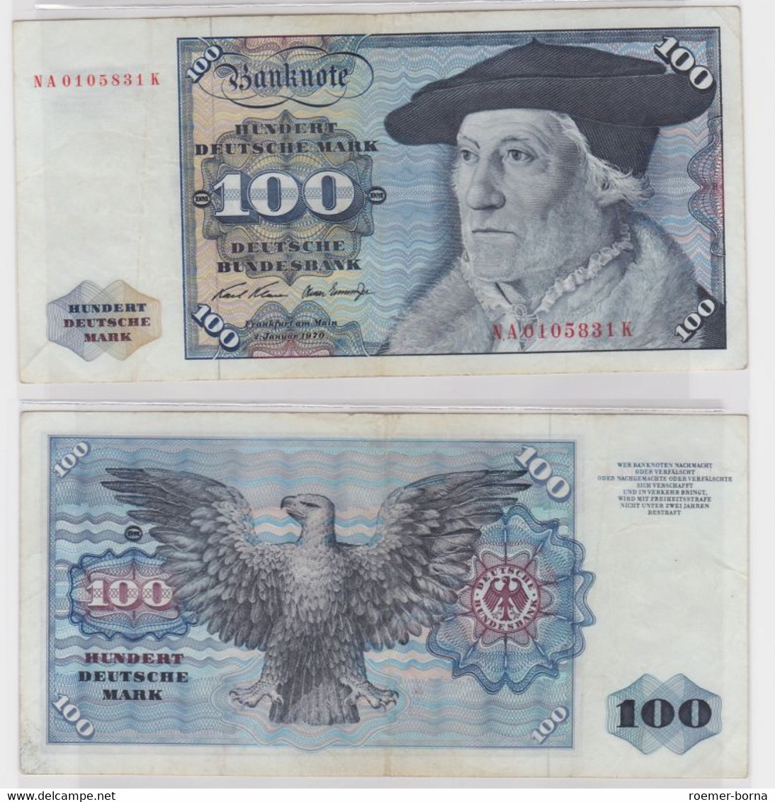 T147135 Banknote 100 DM Deutsche Mark Ro 273a Schein 2.Jan. 1970 KN NA 0105831 K - 100 DM