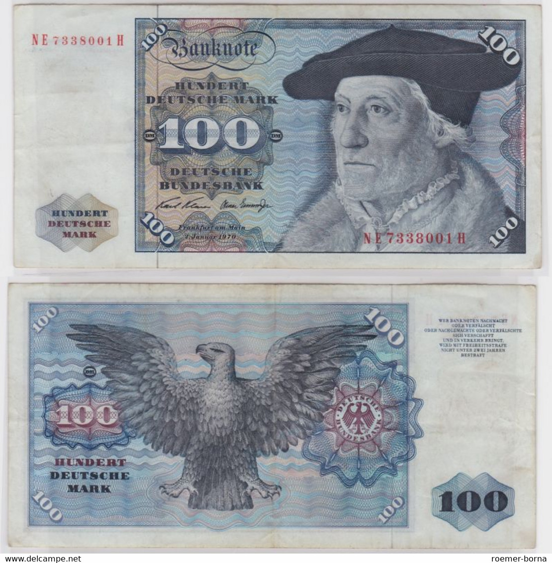 T147143 Banknote 100 DM Deutsche Mark Ro. 273b Schein 2.Jan 1970 KN NE 7338001 H - 100 Deutsche Mark