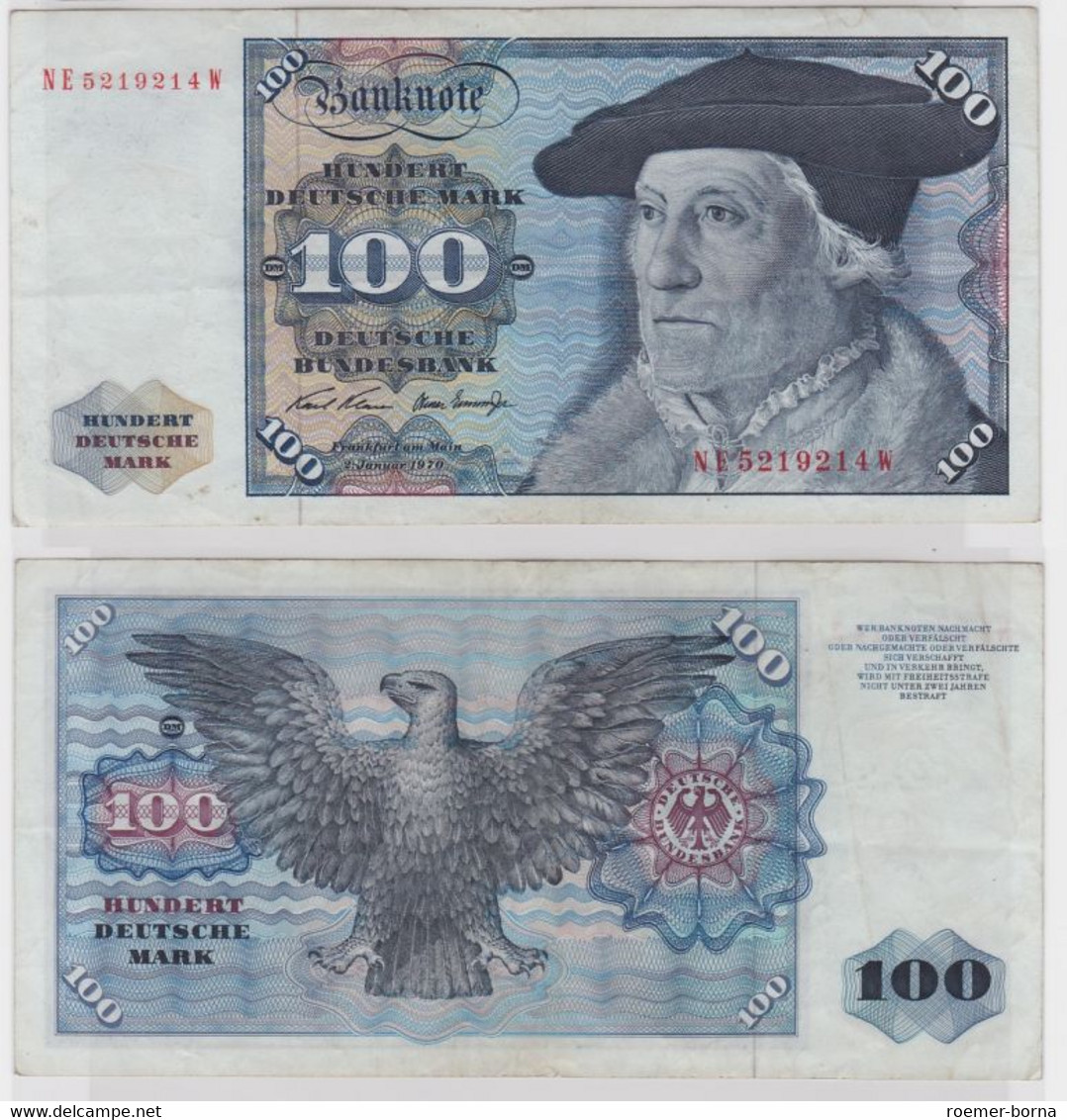 T147151 Banknote 100 DM Deutsche Mark Ro. 273b Schein 2.Jan 1970 KN NE 5219214 W - 100 Deutsche Mark