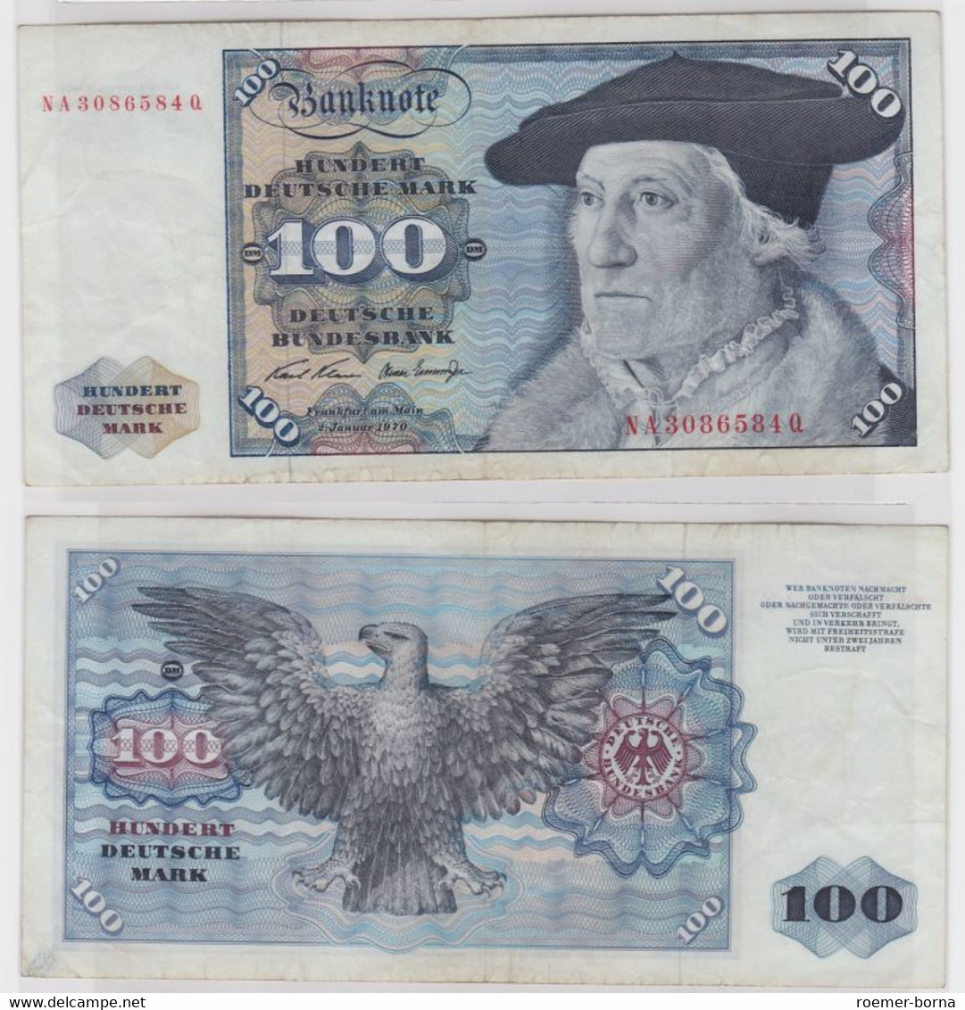 T147173 Banknote 100 DM Deutsche Mark Ro 273a Schein 2.Jan. 1970 KN NA 3086584 Q - 100 Deutsche Mark