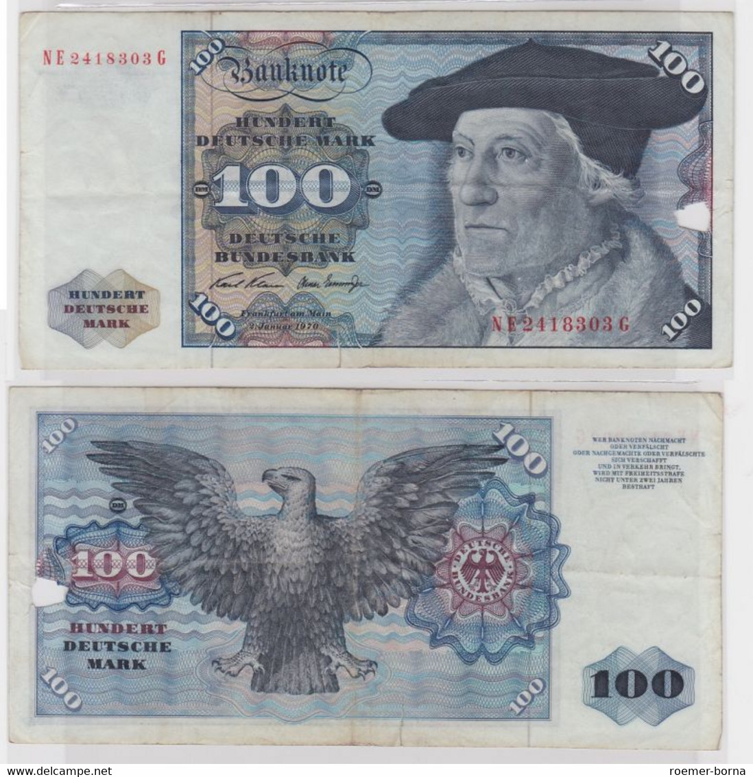 T147213 Banknote 100 DM Deutsche Mark Ro. 273b Schein 2.Jan 1970 KN NE 2418303 G - 100 Deutsche Mark