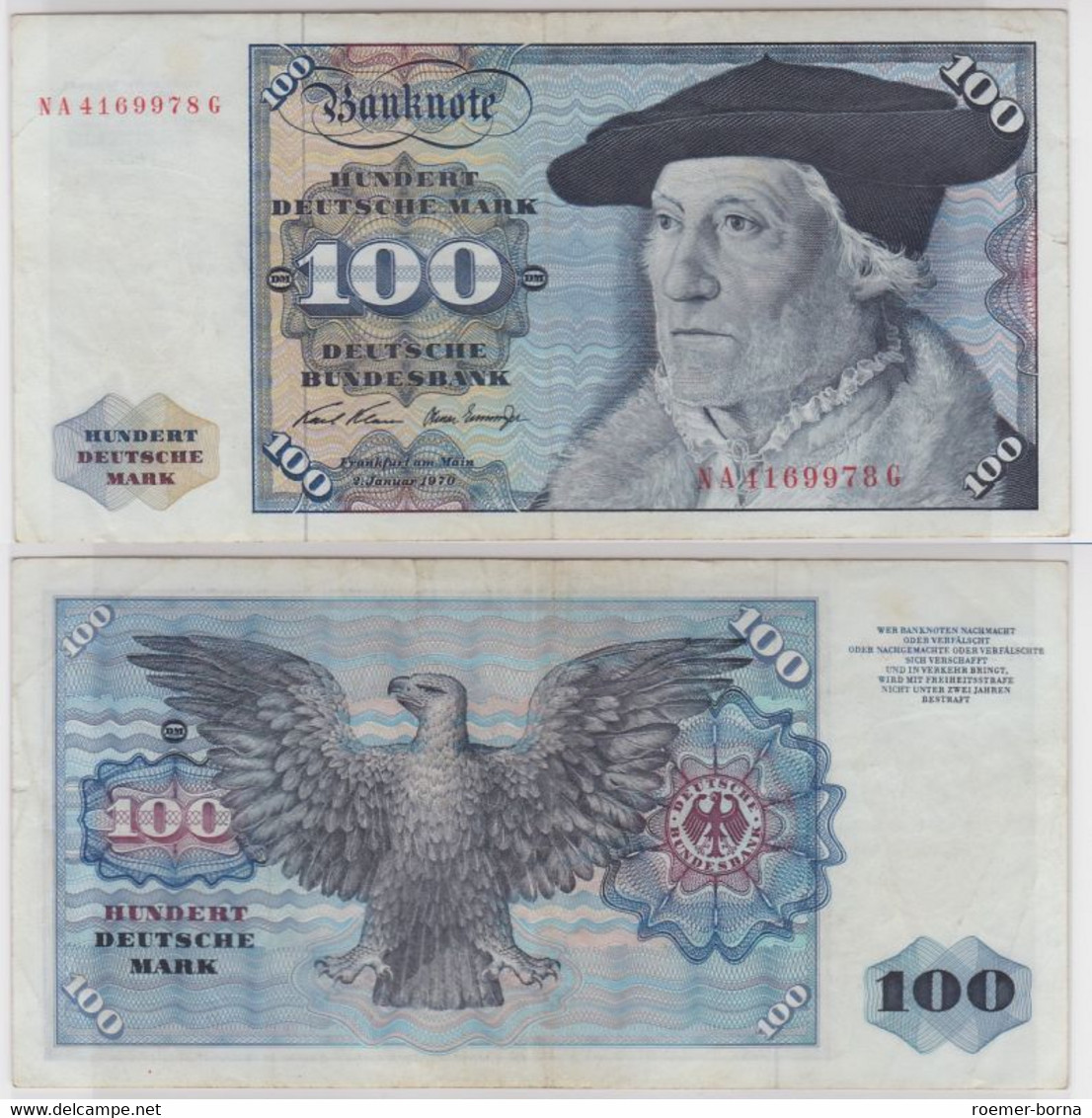 T147229 Banknote 100 DM Deutsche Mark Ro 273a Schein 2.Jan. 1970 KN NA 4169978 G - 100 DM