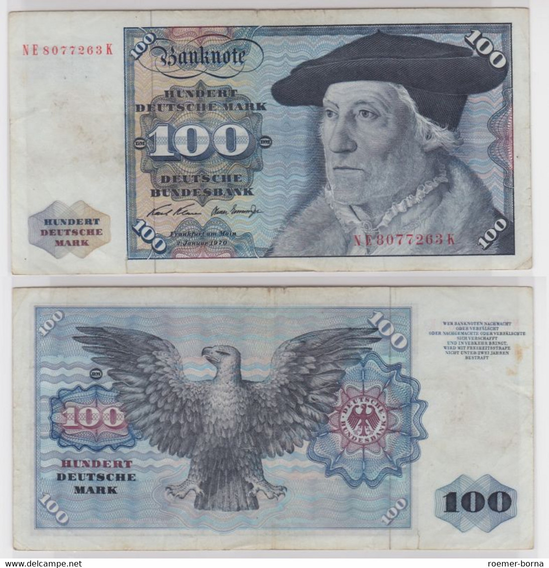 T147238 Banknote 100 DM Deutsche Mark Ro. 273b Schein 2.Jan 1970 KN NE 8077263 K - 100 Deutsche Mark