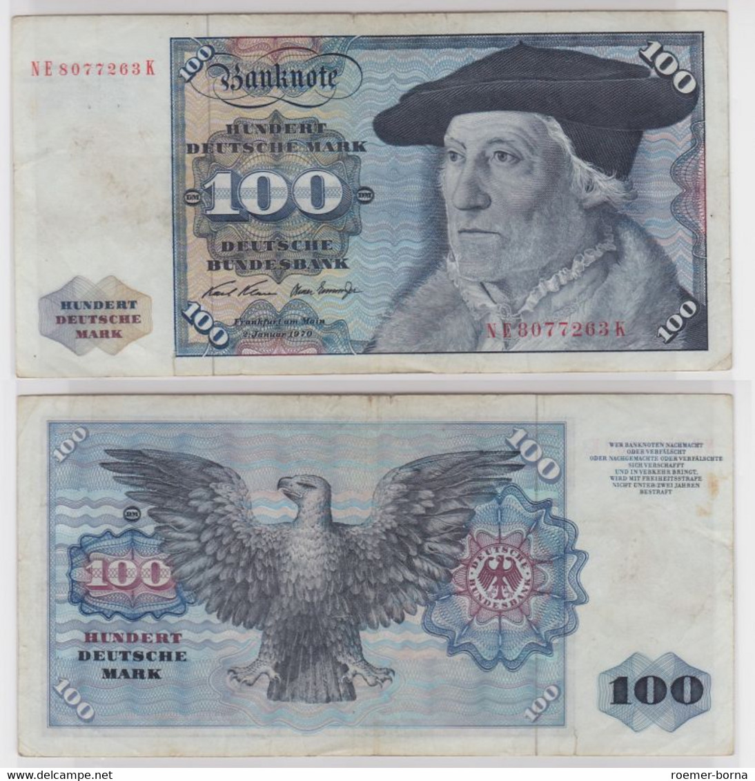 T147238 Banknote 100 DM Deutsche Mark Ro. 273b Schein 2.Jan 1970 KN NE 8077263 K - 100 DM