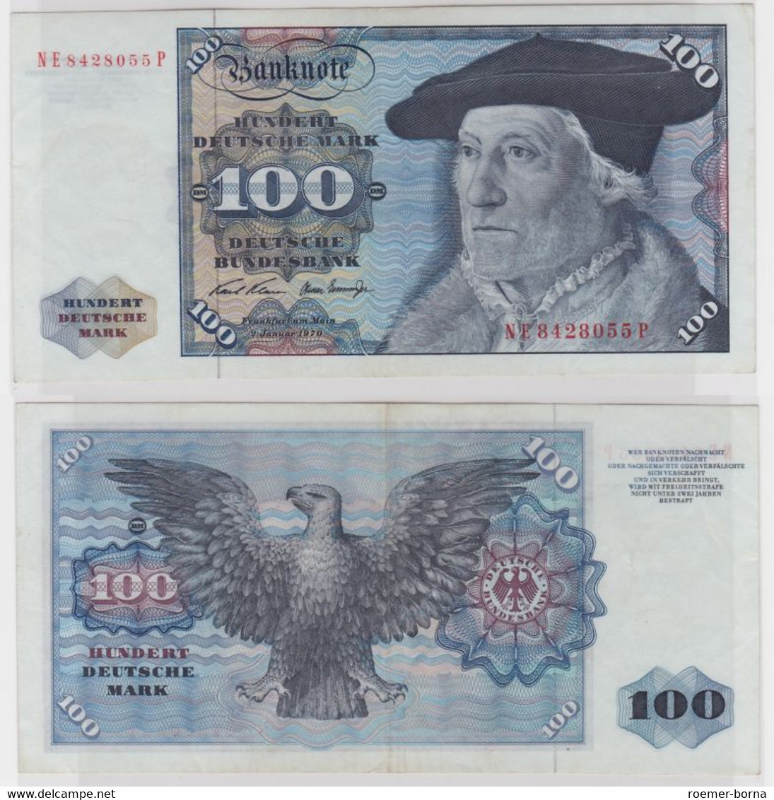 T147239 Banknote 100 DM Deutsche Mark Ro. 273b Schein 2.Jan 1970 KN NE 8428055 P - 100 Deutsche Mark