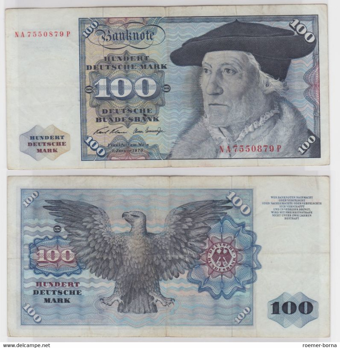 T147279 Banknote 100 DM Deutsche Mark Ro 273a Schein 2.Jan. 1970 KN NA 7550879 P - 100 DM