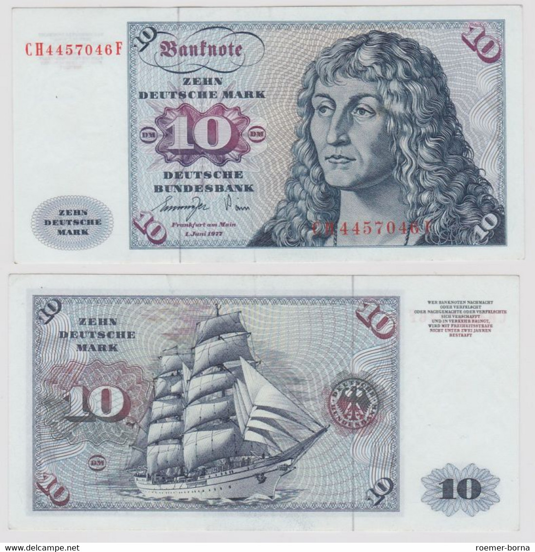 T147280 Banknote 10 DM Deutsche Mark Ro. 275a Schein 1.Juni 1977 KN CH 4457046 F - 10 DM