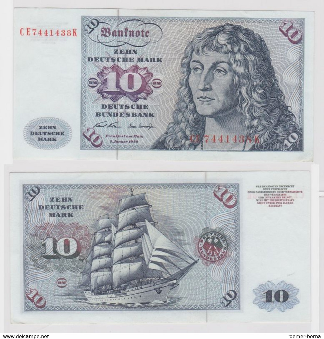 T147502 Banknote 10 DM Deutsche Mark Ro. 270b Schein 2.Jan. 1970 KN CE 7441438 K - 10 Deutsche Mark