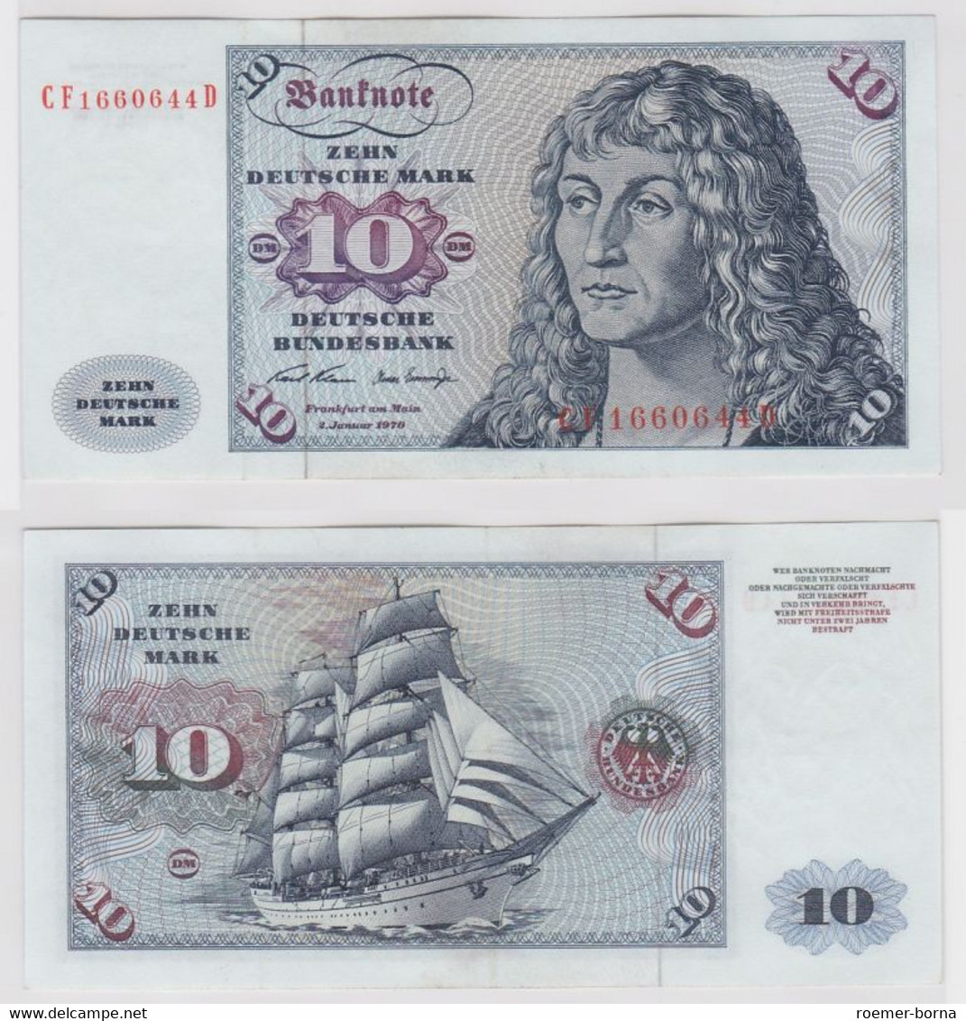 T147532 Banknote 10 DM Deutsche Mark Ro. 270b Schein 2.Jan. 1970 KN CF 1660644 D - 10 Deutsche Mark