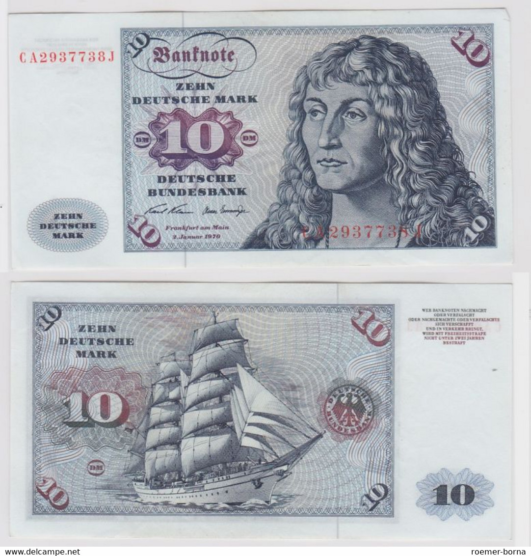 T147577 Banknote 10 DM Deutsche Mark Ro. 270a Schein 2.Jan. 1970 KN CA 2937738 J - 10 DM