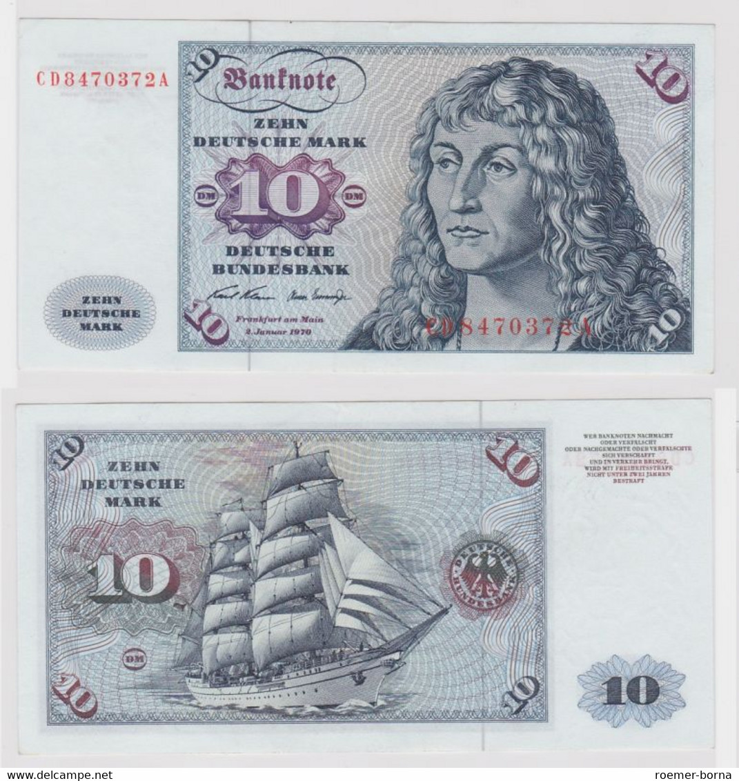 T147581 Banknote 10 DM Deutsche Mark Ro. 270a Schein 2.Jan. 1970 KN CD 8470372 A - 10 DM
