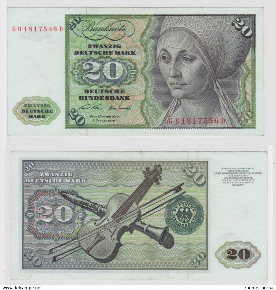 T147942 Banknote 20 DM Deutsche Mark Ro. 271a Schein 2.Jan. 1970 KN GB 1817556 D - 20 Deutsche Mark