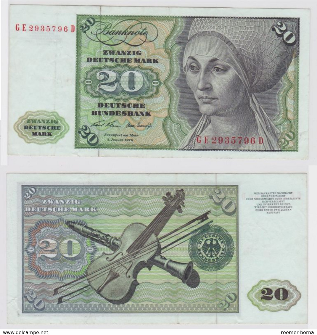 T147944 Banknote 20 DM Deutsche Mark Ro. 271b Schein 2.Jan. 1970 KN GE 2935796 D - 20 DM