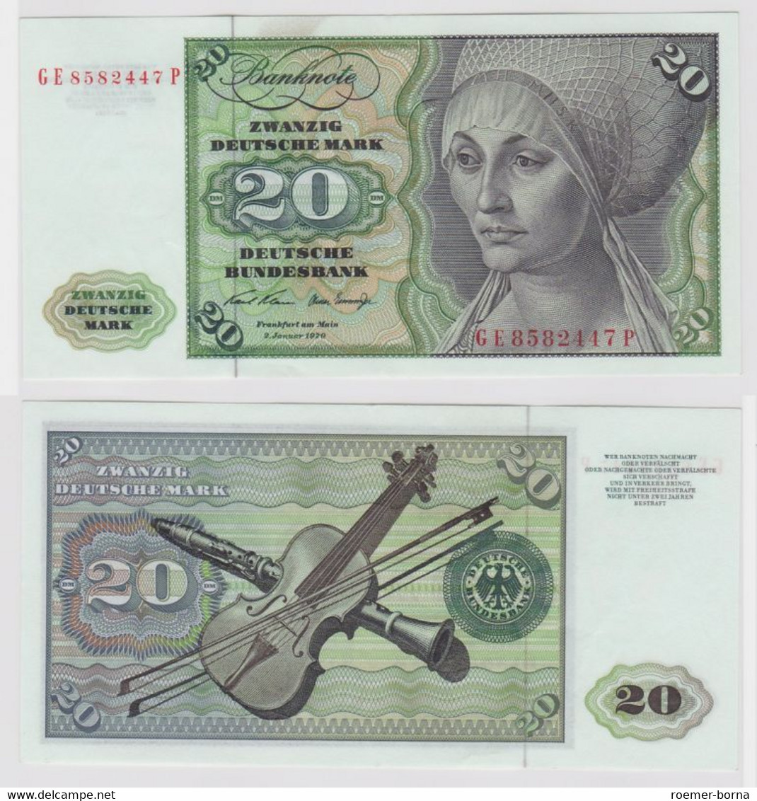 T147949 Banknote 20 DM Deutsche Mark Ro. 271b Schein 2.Jan. 1970 KN GE 8582447 P - 20 DM