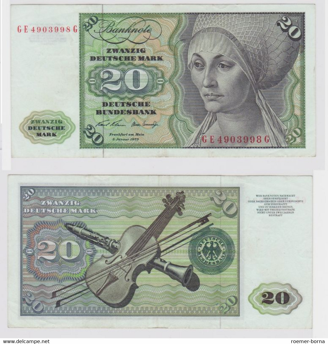 T147955 Banknote 20 DM Deutsche Mark Ro. 271b Schein 2.Jan. 1970 KN GE 4903998 G - 20 Deutsche Mark
