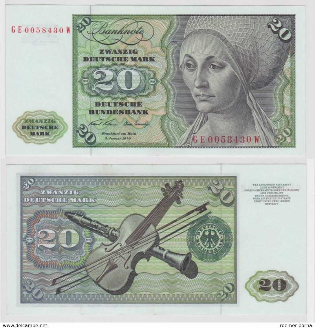 T147963 Banknote 20 DM Deutsche Mark Ro. 271b Schein 2.Jan. 1970 KN GE 0058430 W - 20 DM