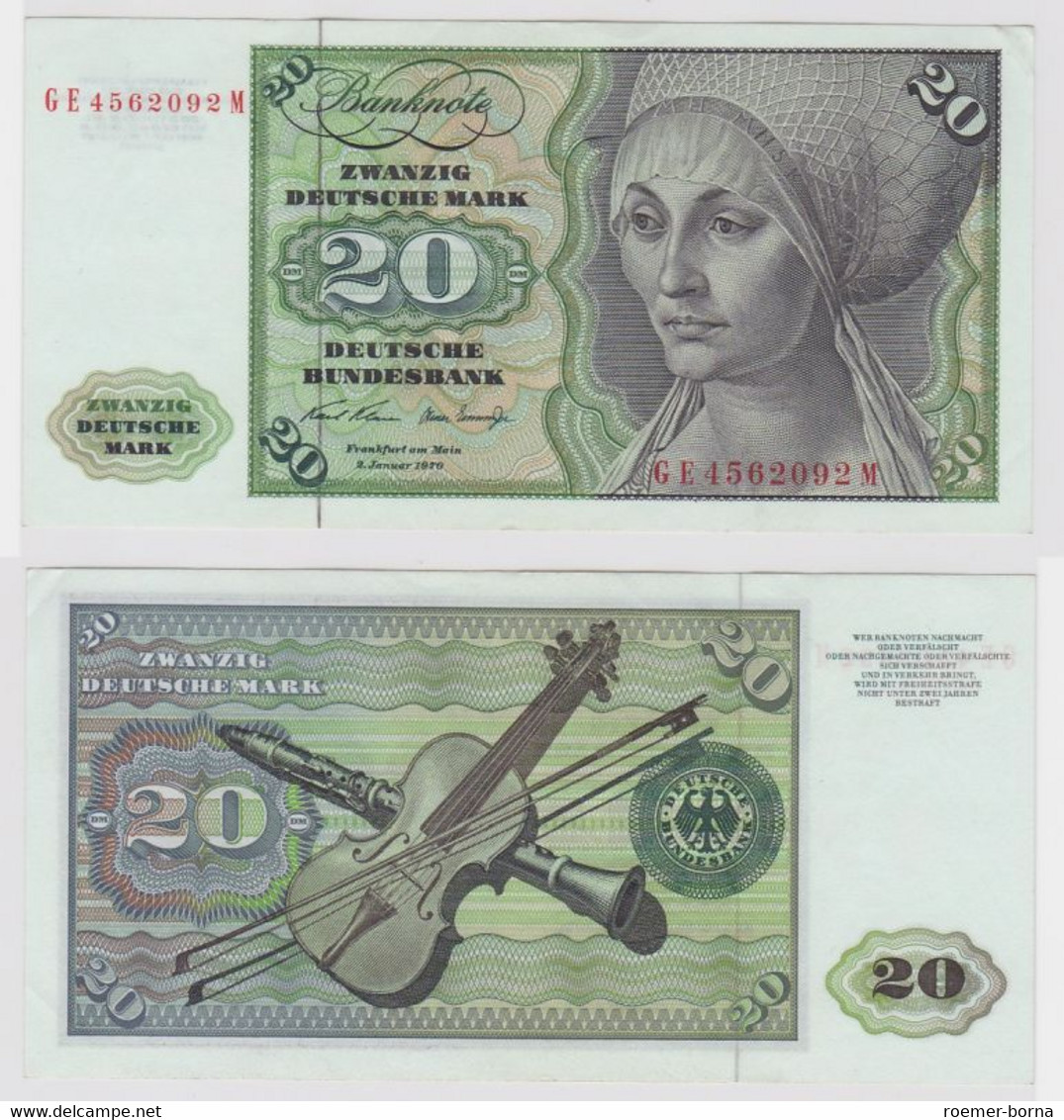 T147977 Banknote 20 DM Deutsche Mark Ro. 271b Schein 2.Jan. 1970 KN GE 4562092 M - 20 Deutsche Mark