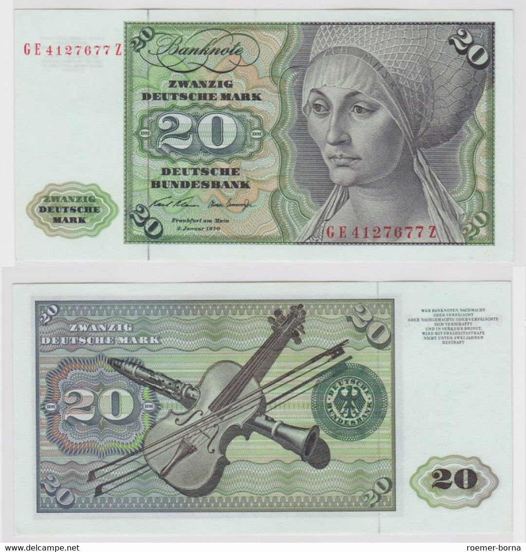 T148001 Banknote 20 DM Deutsche Mark Ro. 271b Schein 2.Jan. 1970 KN GE 4127677 Z - 20 DM