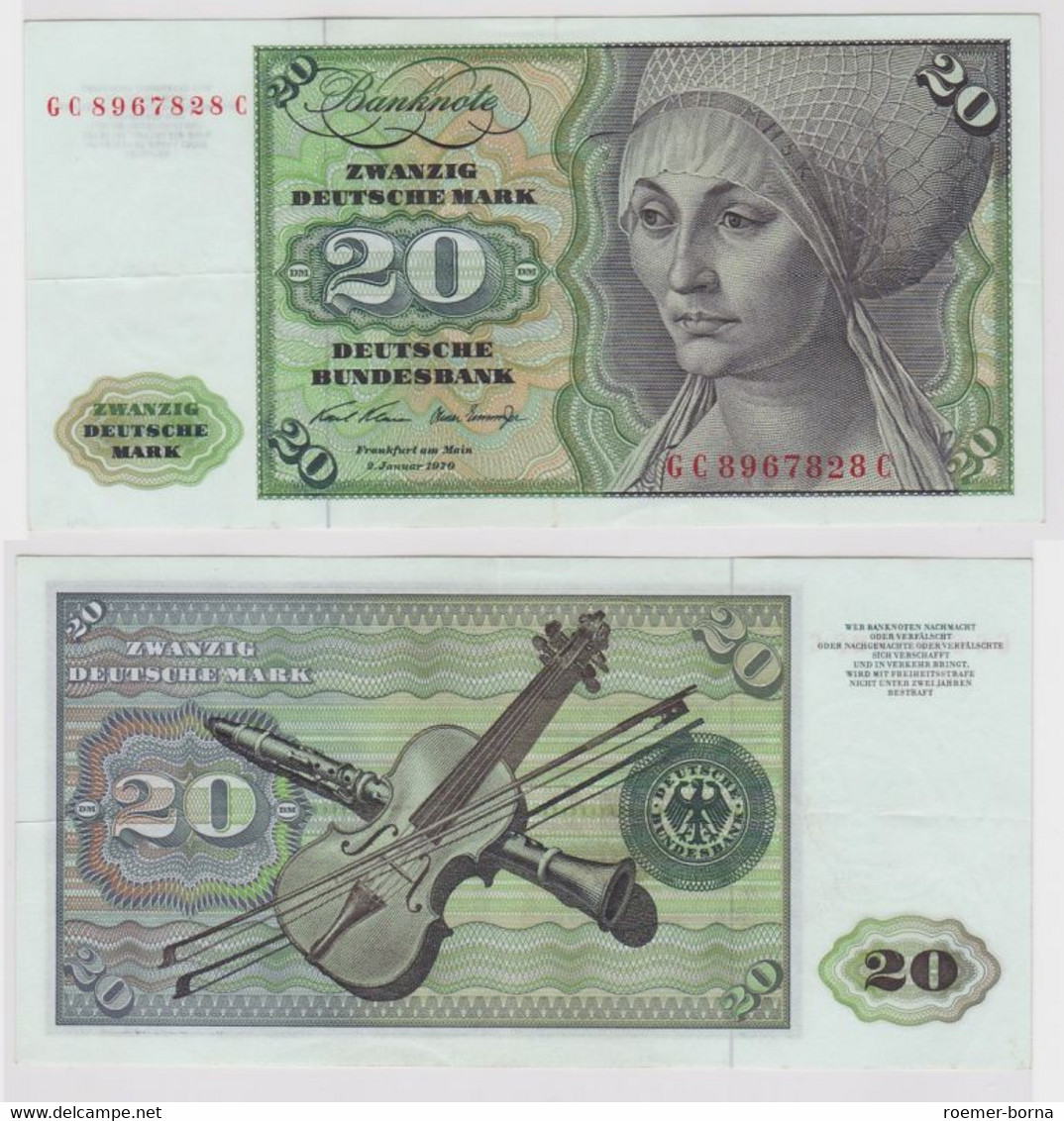 T148005 Banknote 20 DM Deutsche Mark Ro. 271a Schein 2.Jan. 1970 KN GC 8967828 C - 20 Deutsche Mark