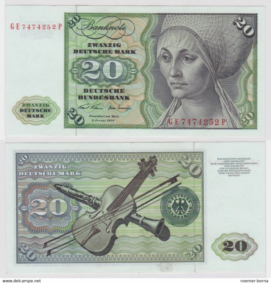 T148014 Banknote 20 DM Deutsche Mark Ro. 271b Schein 2.Jan. 1970 KN GE 7474252 P - 20 DM
