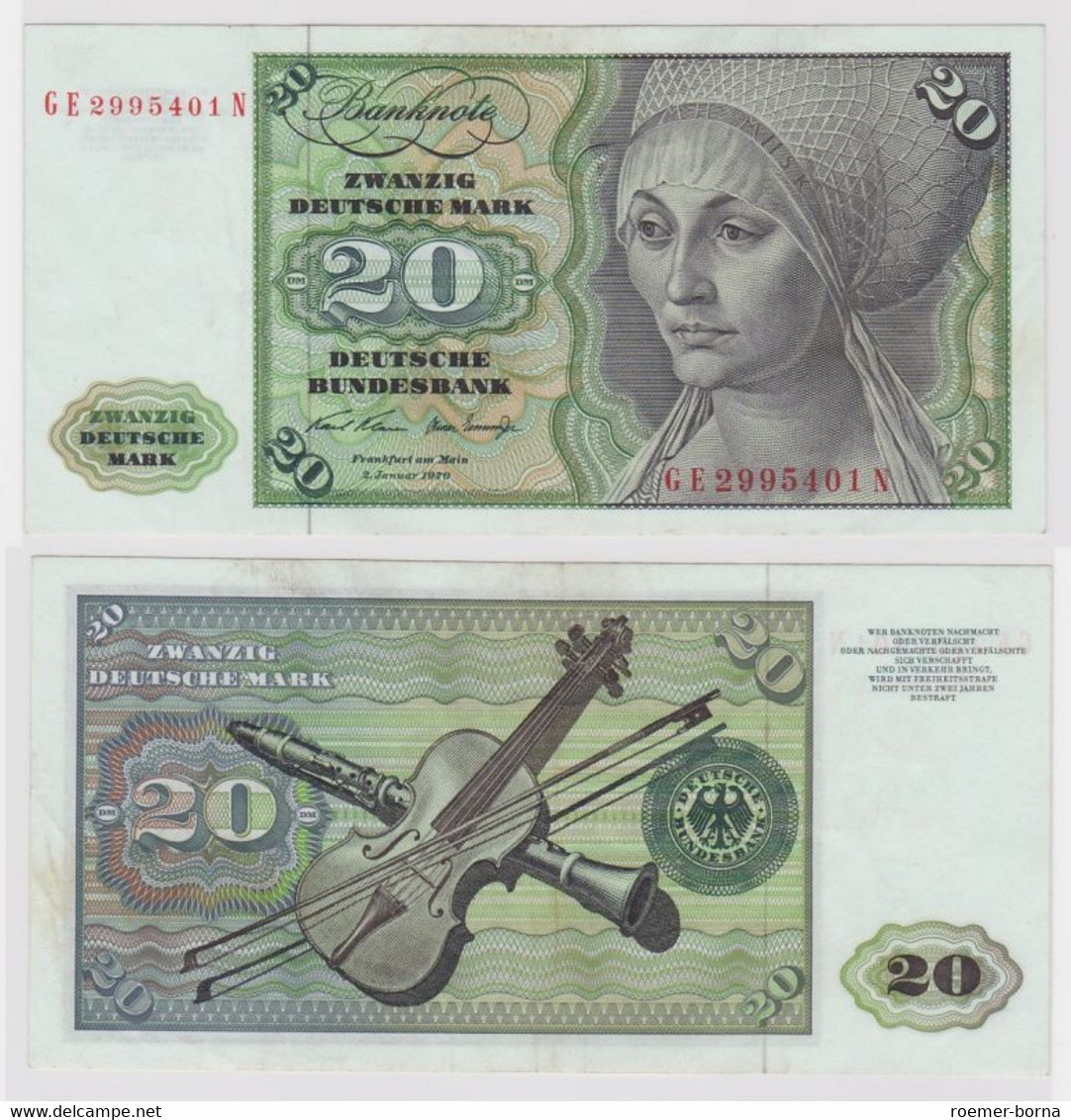 T148091 Banknote 20 DM Deutsche Mark Ro. 271b Schein 2.Jan. 1970 KN GE 2995401 N - 20 Deutsche Mark