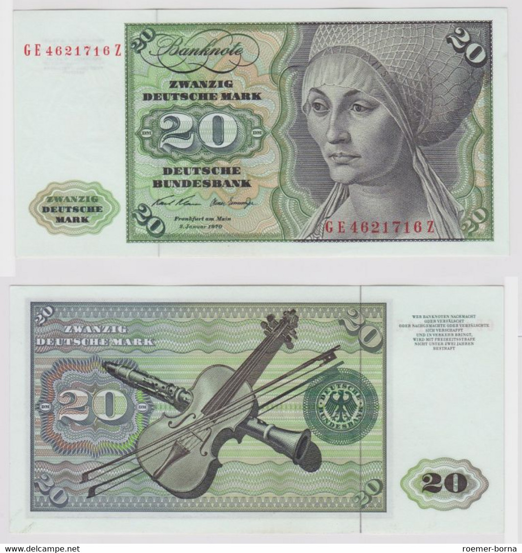T148103 Banknote 20 DM Deutsche Mark Ro. 271b Schein 2.Jan. 1970 KN GE 4621716 Z - 20 Deutsche Mark