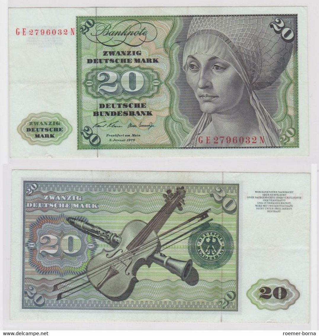 T148113 Banknote 20 DM Deutsche Mark Ro. 271b Schein 2.Jan. 1970 KN GE 2796032 N - 20 DM