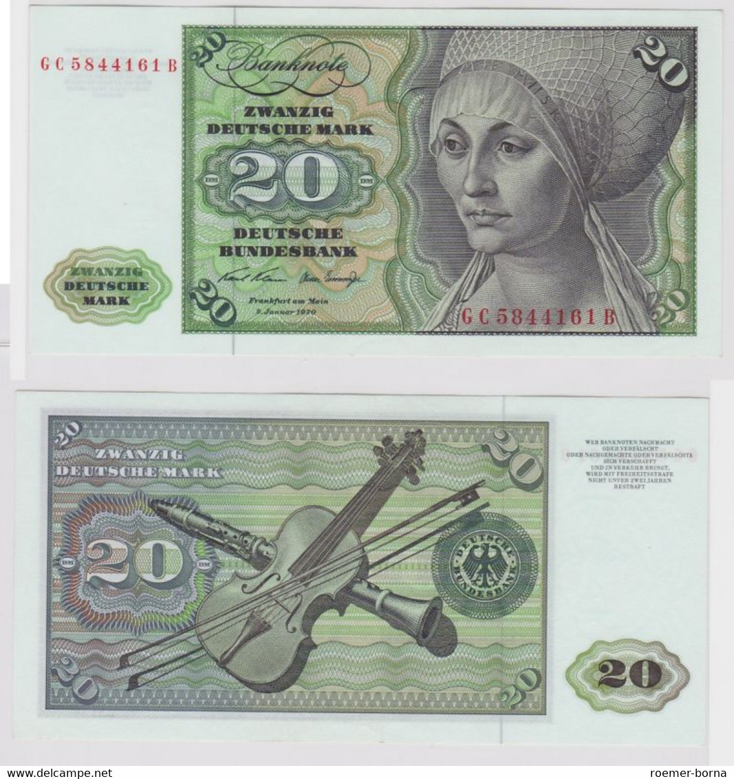T148122 Banknote 20 DM Deutsche Mark Ro. 271a Schein 2.Jan. 1970 KN GC 5844161 B - 20 DM