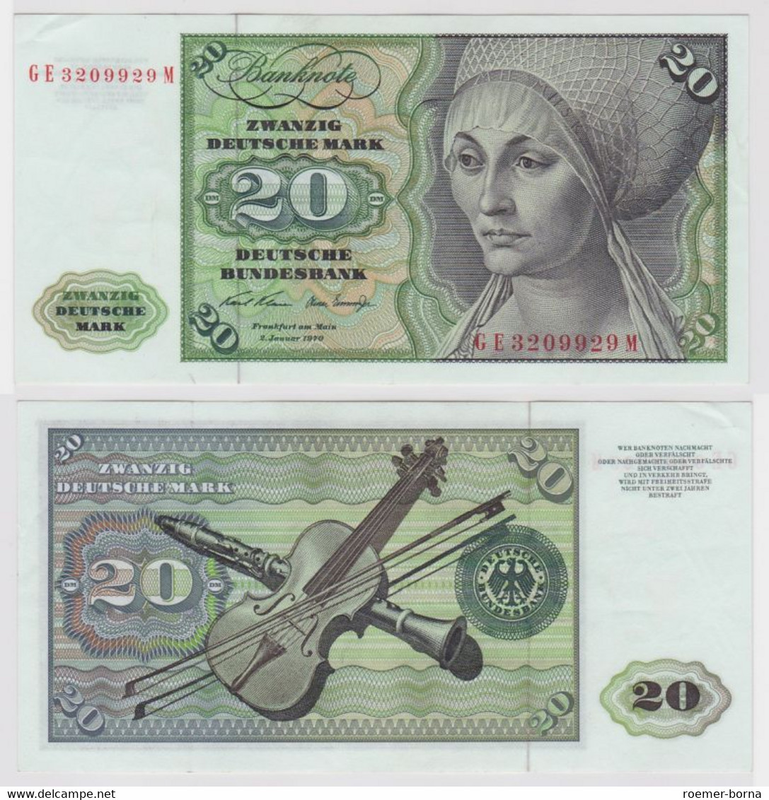 T148124 Banknote 20 DM Deutsche Mark Ro. 271b Schein 2.Jan. 1970 KN GE 3209929 M - 20 Deutsche Mark