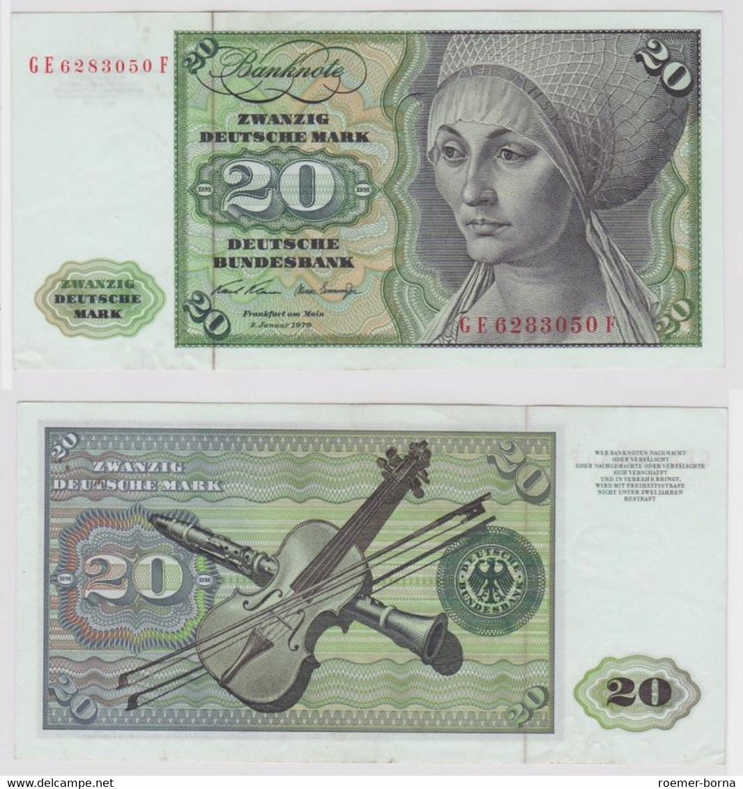 T148142 Banknote 20 DM Deutsche Mark Ro. 271b Schein 2.Jan. 1970 KN GE 6283050 F - 20 Deutsche Mark