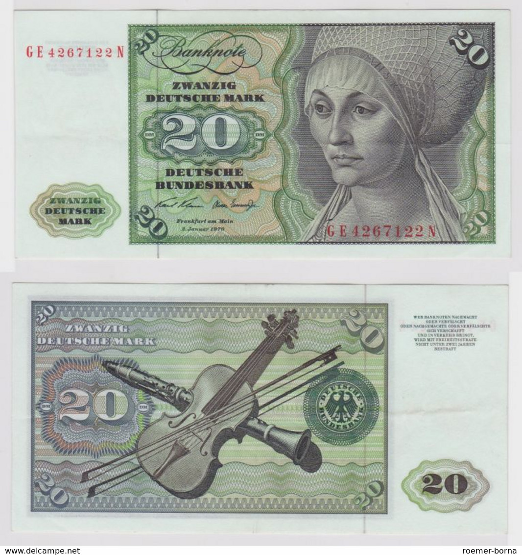 T148148 Banknote 20 DM Deutsche Mark Ro. 271b Schein 2.Jan. 1970 KN GE 4267122 N - 20 Deutsche Mark