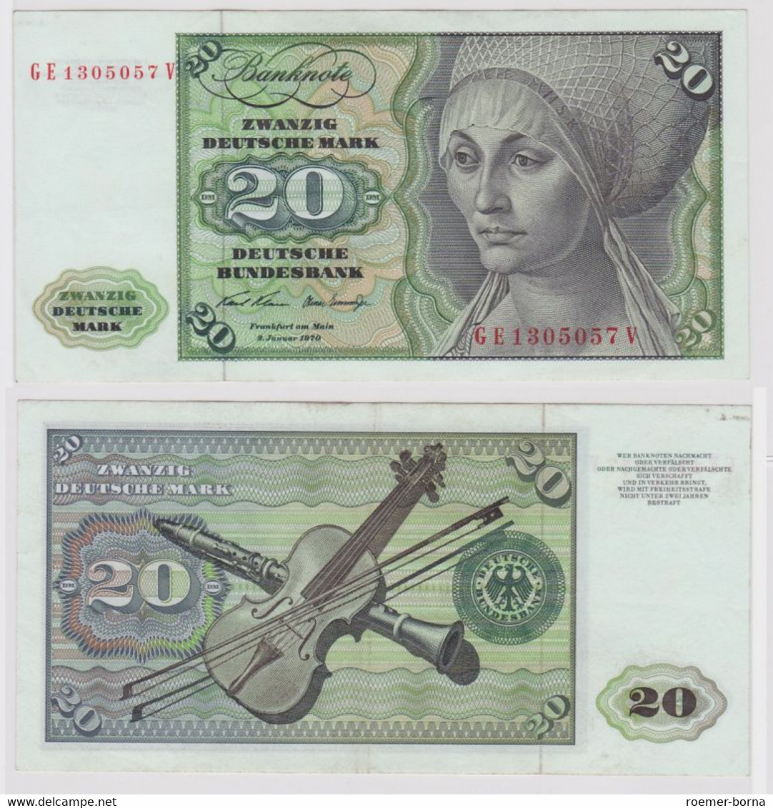 T148152 Banknote 20 DM Deutsche Mark Ro. 271b Schein 2.Jan. 1970 KN GE 1305057 V - 20 Deutsche Mark