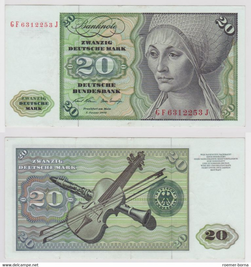 T148160 Banknote 20 DM Deutsche Mark Ro. 271b Schein 2.Jan. 1970 KN GF 6312253 J - 20 Deutsche Mark